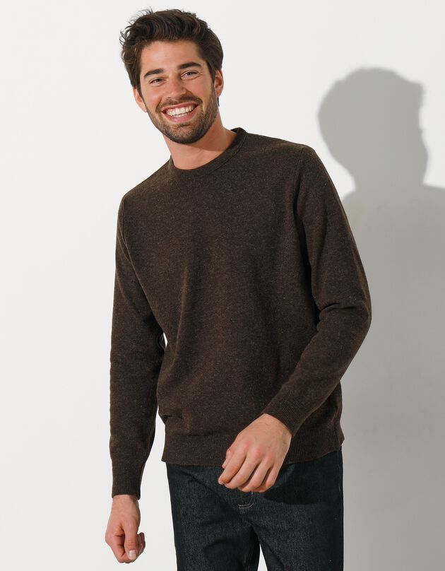 Pull col rond 80% laine (marron chiné)