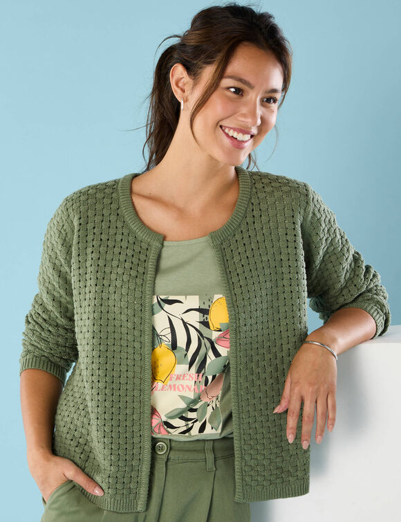 Gilet paletot maille fantaisie,  Spécial Petites (vert tilleul)