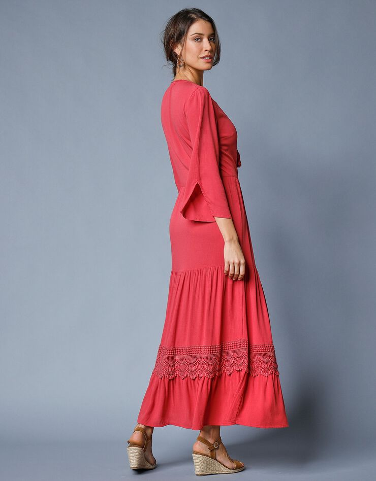 Robe longue unie manches 3/4 fendues, crépon (bois de rose)