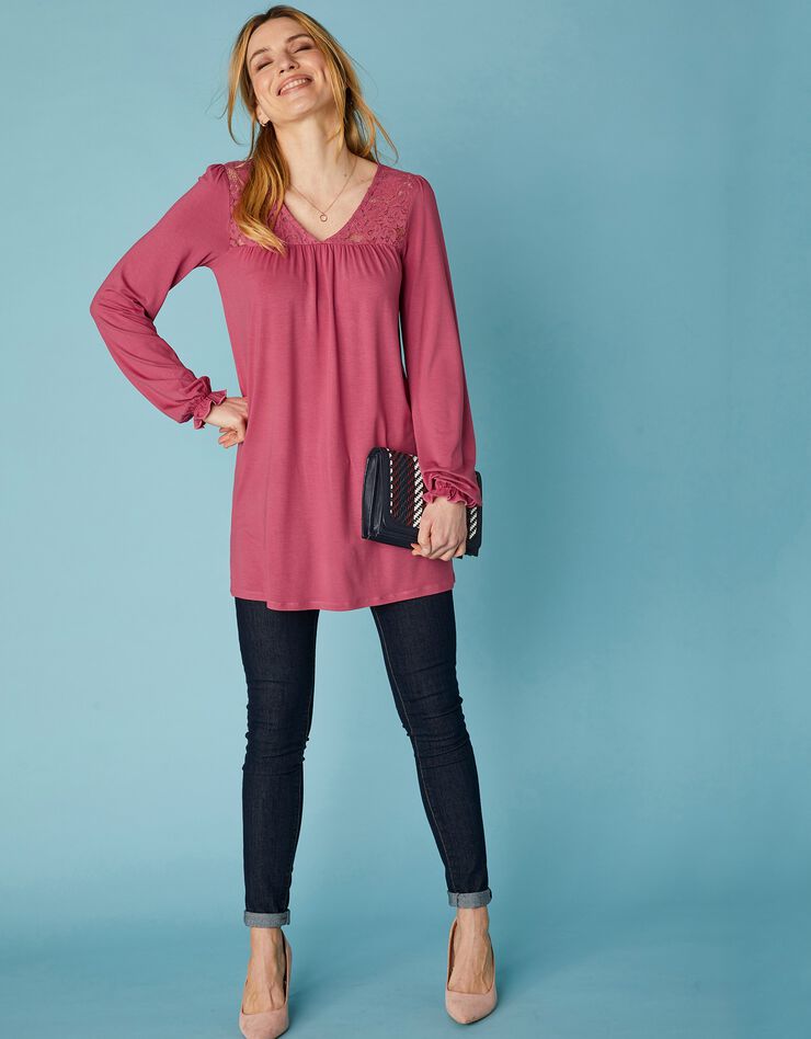 Tunique col V dentelle jersey (bois de rose) Tunique col V dentelle jersey (bois de rose)