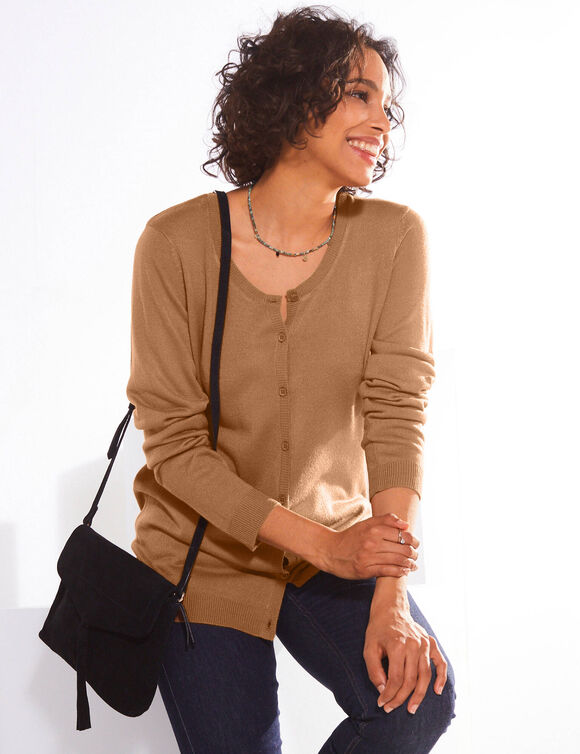 Cardigan boutonné col rond uni, toucher doux (noisette)