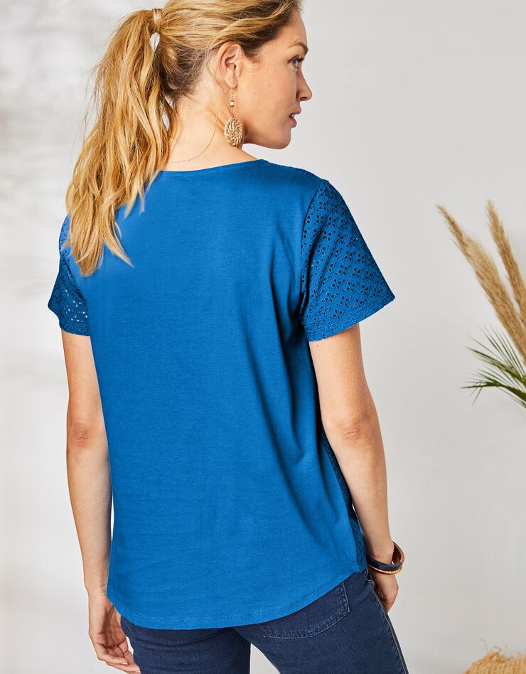 Tee-shirt col V, broderie anglaise (bleu) Tee-shirt col V, broderie anglaise (bleu)