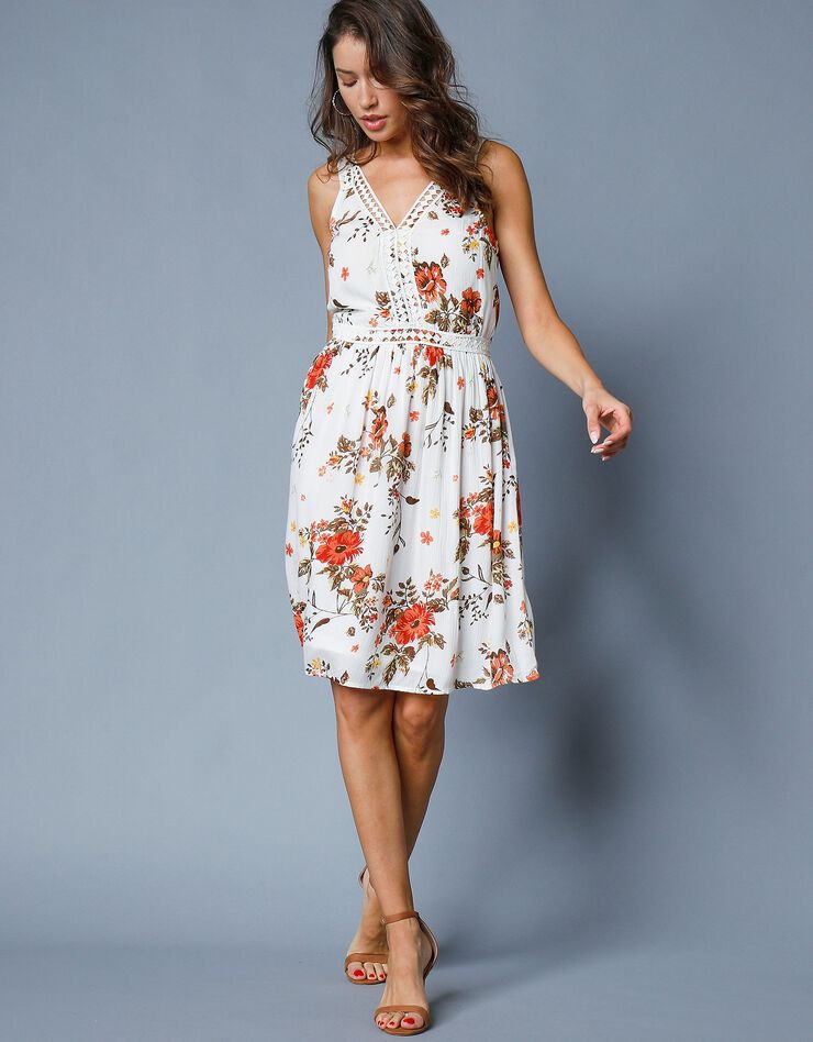 Robe imprimé fleuri et macramé (écru / orange)
