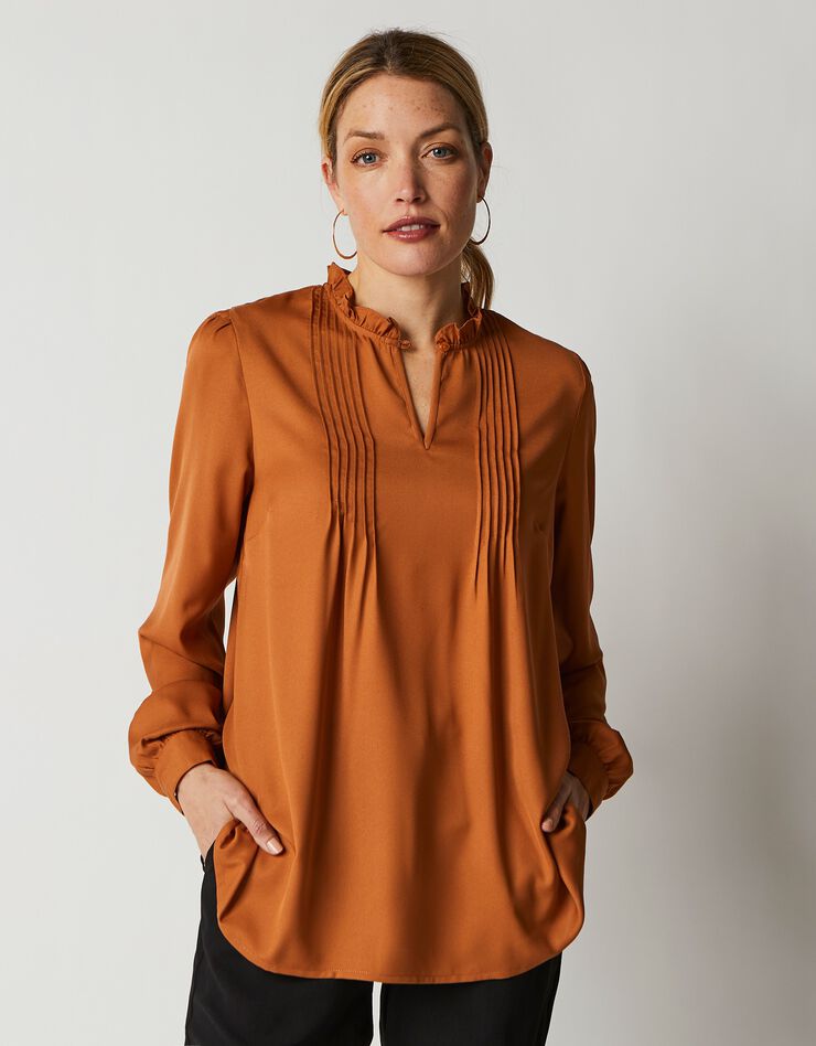 Blouse à plis manches longues unie (caramel) Blouse à plis manches longues unie (caramel)