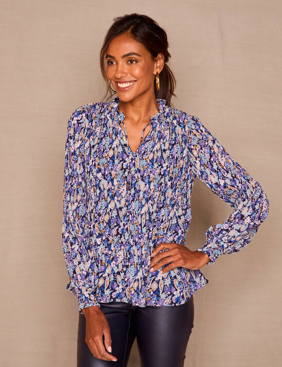 Blouse plissée imprimé fleuri, voile (marine / bleu)