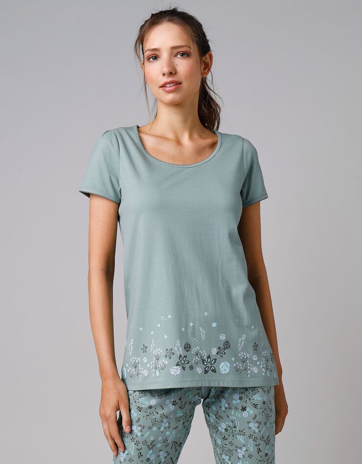 Tee-shirt de pyjama manches courtes imprimé base fleurs (kaki)