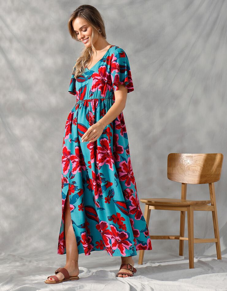 Robe longue manches "papillon" imprimée grandes fleurs (lagon / corail)