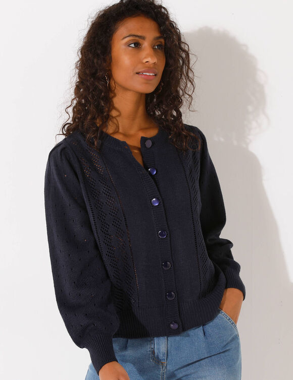 Cardigan boutonn&eacute;, maille ajour&eacute;e (marine)
