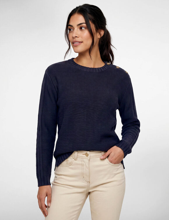 Pull col rond, maille fantaisie (marine)
