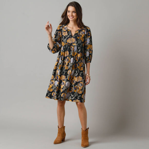 Robe courte imprimée, manches 3/4 (noir / caramel)