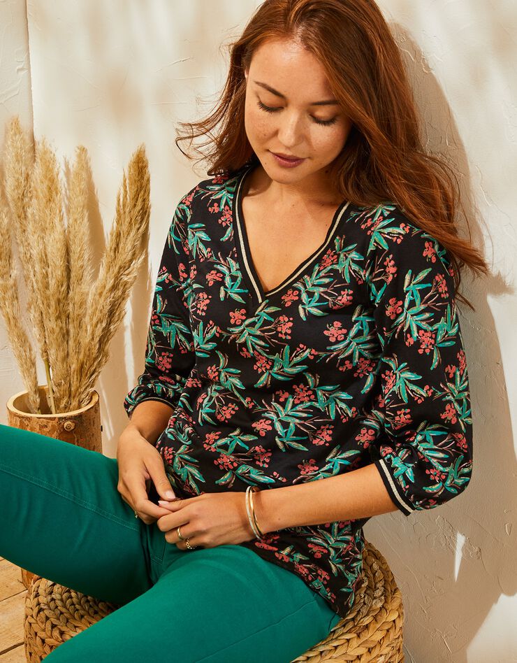 Tee-shirt manches 3/4 imprimé tropical (noir / corail) Tee-shirt manches 3/4 imprimé tropical (noir / corail)