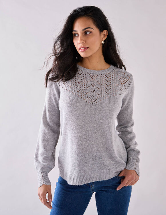 Pull col rond maille ajourée, toucher doux (gris chiné)