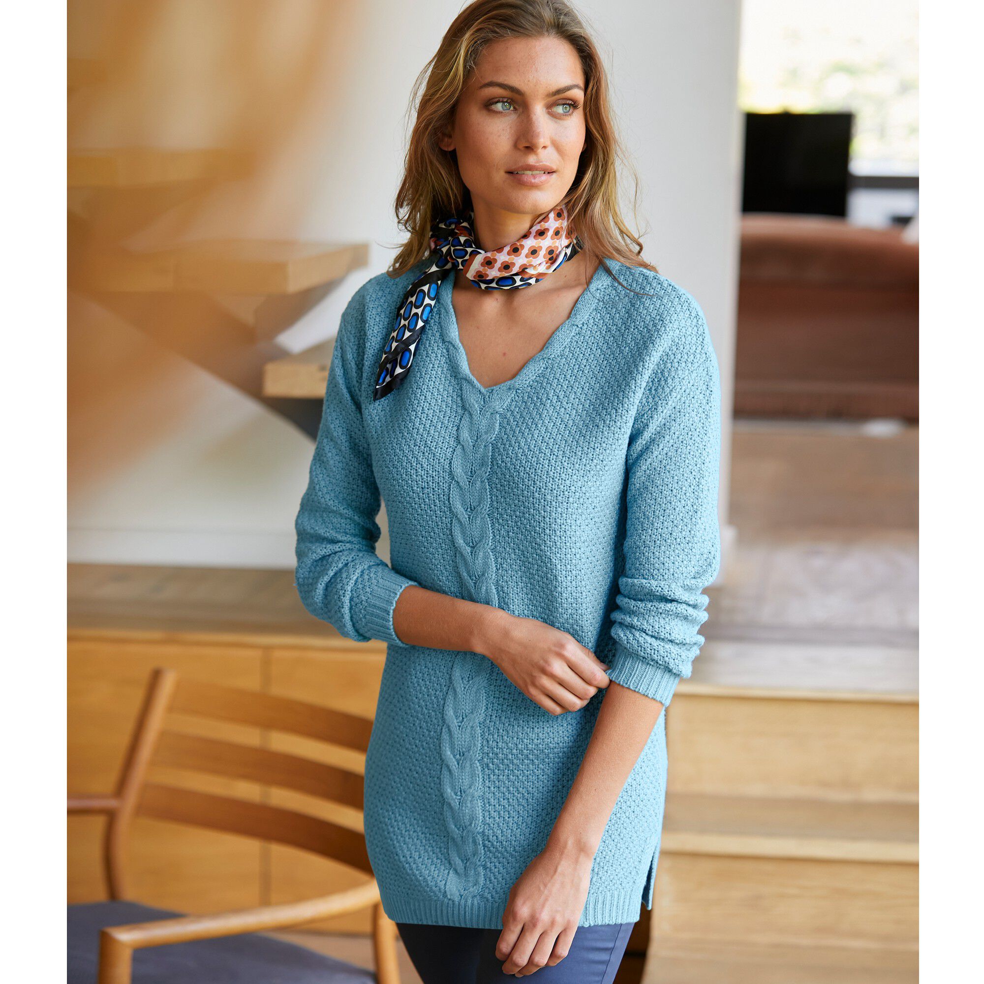 Pull tunique en maille point de riz à col V torsadé | Blancheporte