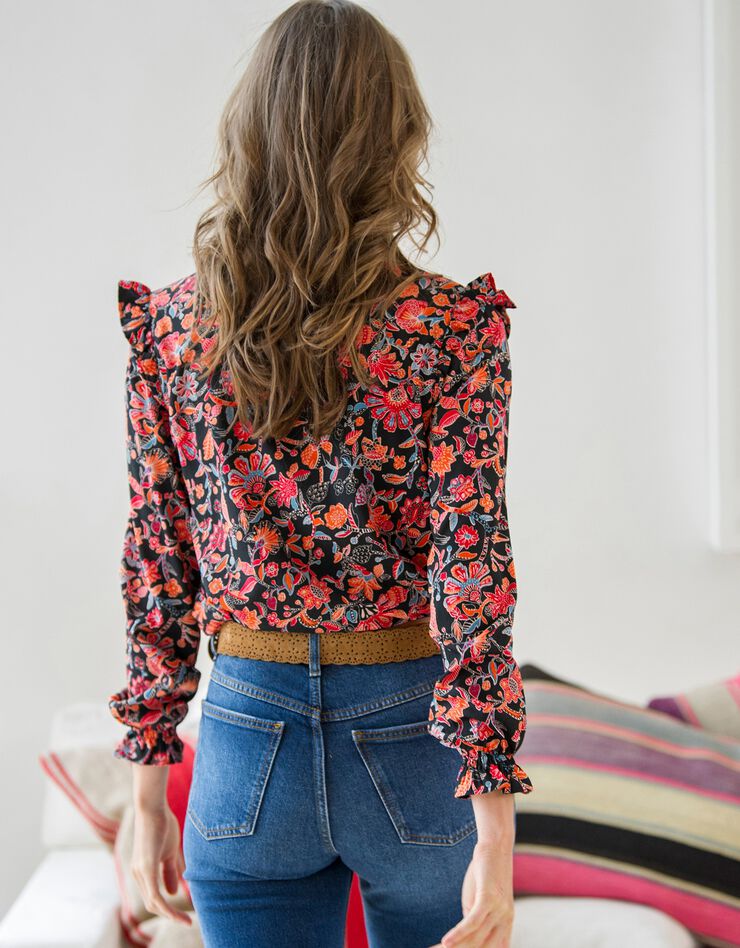 Blouse volantée boutonnée fleurie (noir / vermillon) Blouse volantée boutonnée fleurie (noir / vermillon)