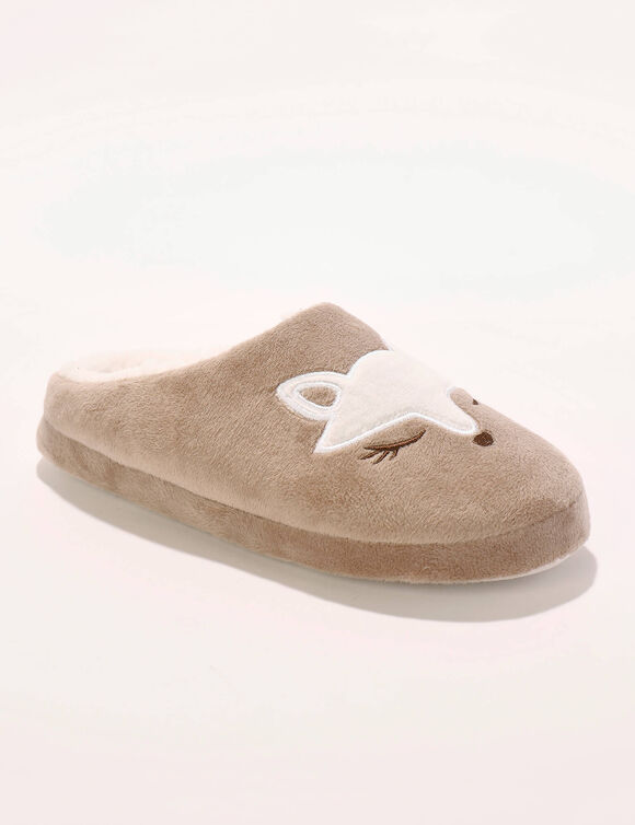 Chaussons mules polaire brod&eacute;s t&ecirc;te de renard (taupe)