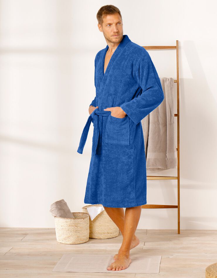 Peignoir mixte adulte col kimono éponge bouclette  (bleu dur)
