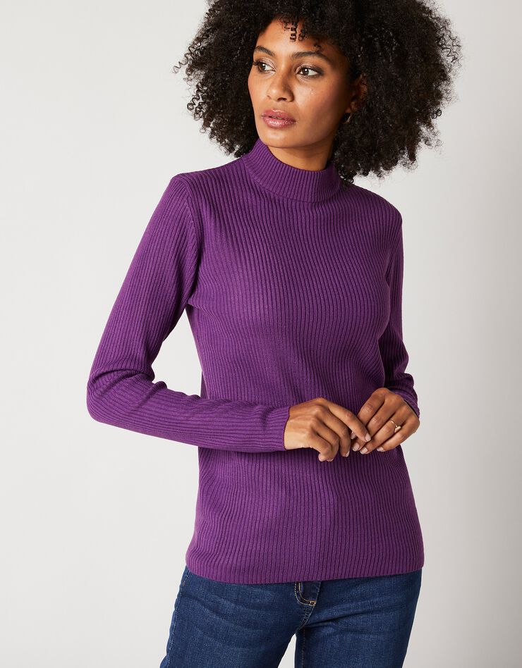 Pull col montant court, maille côtelée (violet) Pull col montant court, maille côtelée (violet)