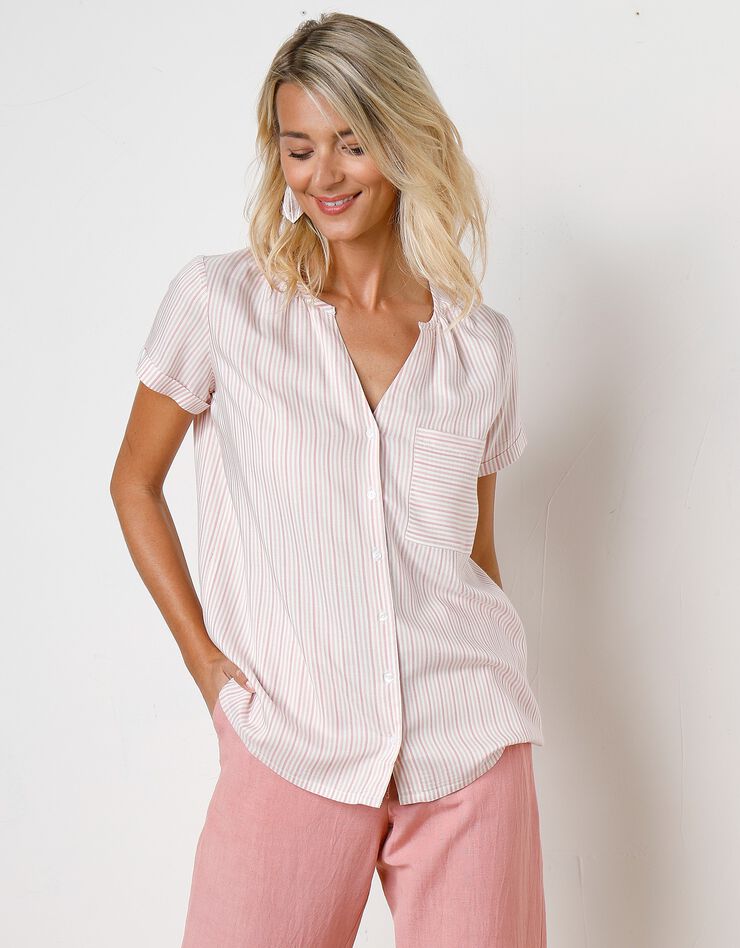 Blouse boutonnée en viscose rayée, manches courtes (corail / taupe) Blouse boutonnée en viscose rayée, manches courtes (corail / taupe)
