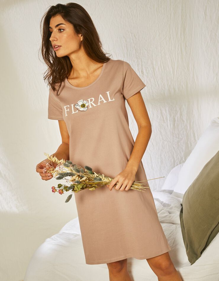 Chemise de nuit courte manches courtes en coton motif Floral  (taupe)