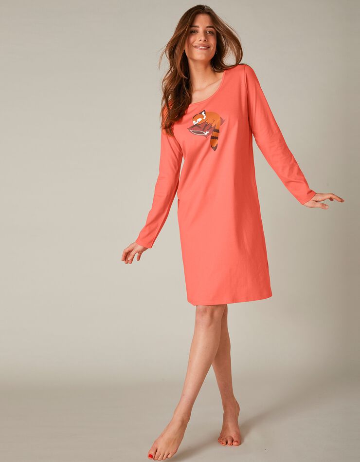 Chemise de nuit courte manches longues motif "panda roux" (corail)