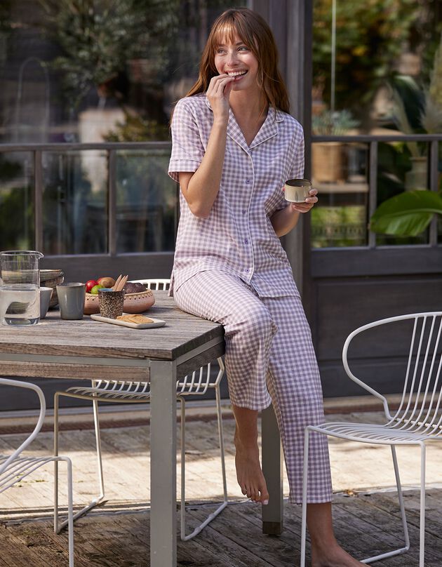 Pyjama pantalon court imprimé carreaux - col tailleur (parme)