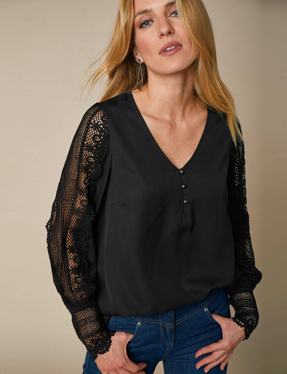 Blouse macramé col V manches longues, crêpe fluide (noir)