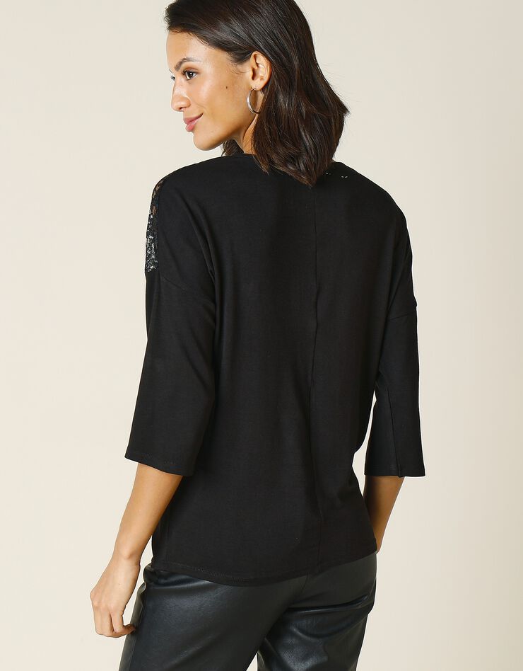 Tee-shirt col V zippé empiècement dentelle - manches 3/4 (noir) Tee-shirt col V zippé empiècement dentelle - manches 3/4 (noir)