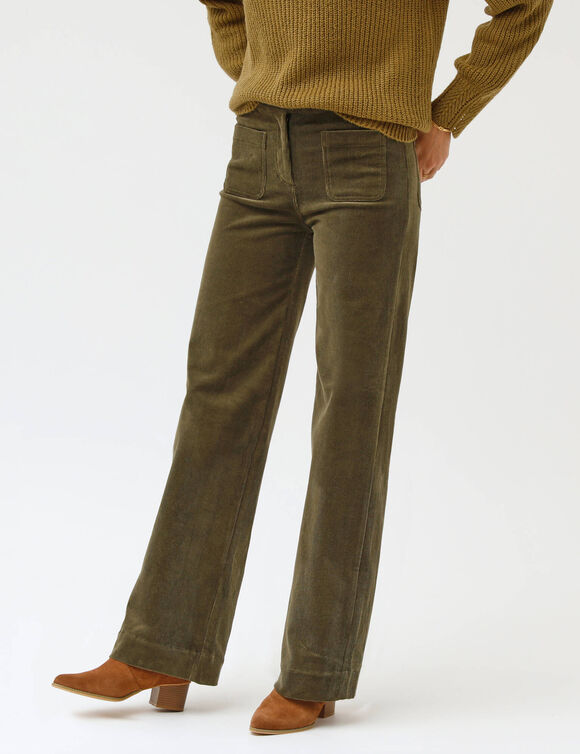 Pantalon velours coupe large taille haute, grande stature (kaki)