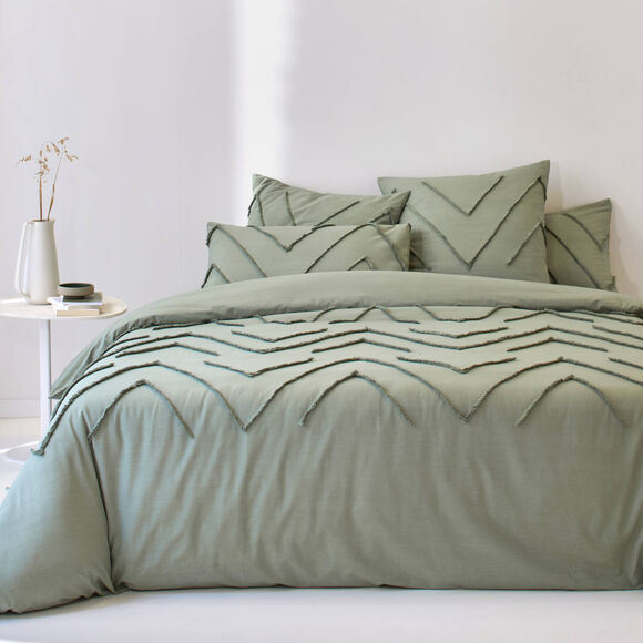 Linge de lit Amezia en coton lav&eacute; finition tuft&eacute; en relief (kaki clair)