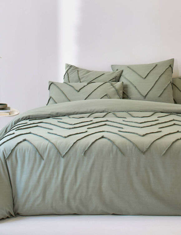 Linge de lit Amezia en coton lav&eacute; finition tuft&eacute; en relief (kaki clair)