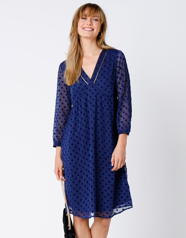 Robe plumetis manches 7/8ème (bleu nuit) Robe plumetis manches 7/8ème (bleu nuit)