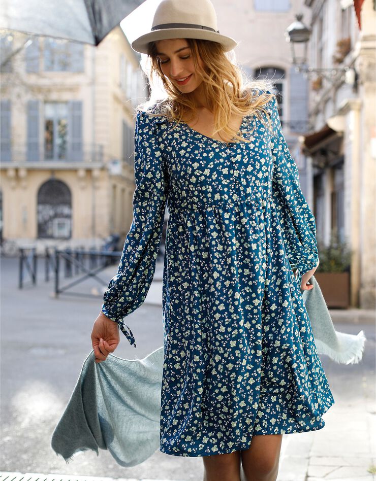 Robe évasée imprimée manches longues blousantes (bleu / vert) Robe évasée imprimée manches longues blousantes (bleu / vert)