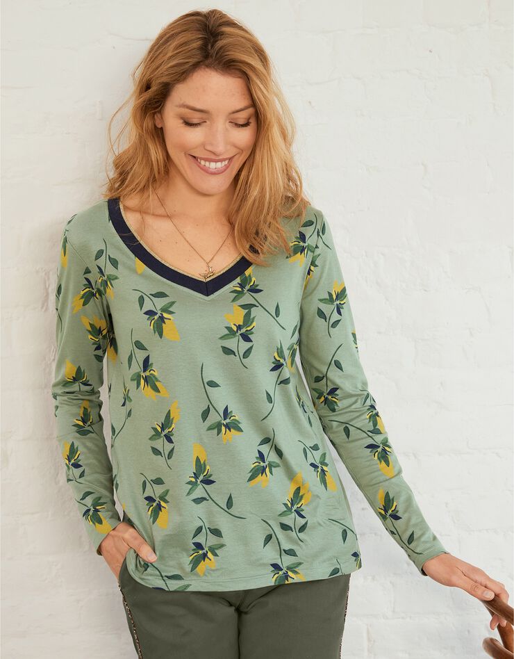 Tee-shirt col V biais doré imprimé fleurs (kaki clair / safran) Tee-shirt col V biais doré imprimé fleurs (kaki clair / safran)