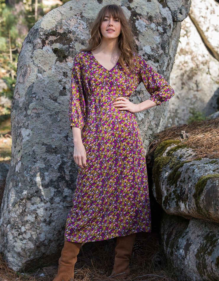Robe manches 3/4 imprimé fleuri (noir / violine)