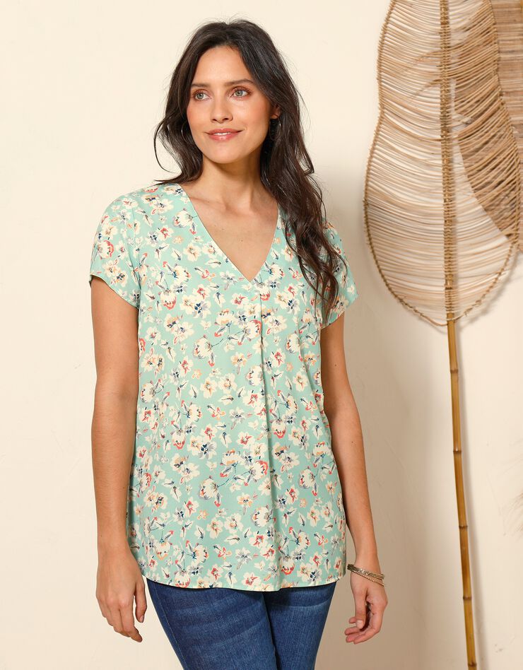 Blouse V manches courtes, crêpe imprimé fleuri (vert) Blouse V manches courtes, crêpe imprimé fleuri (vert)