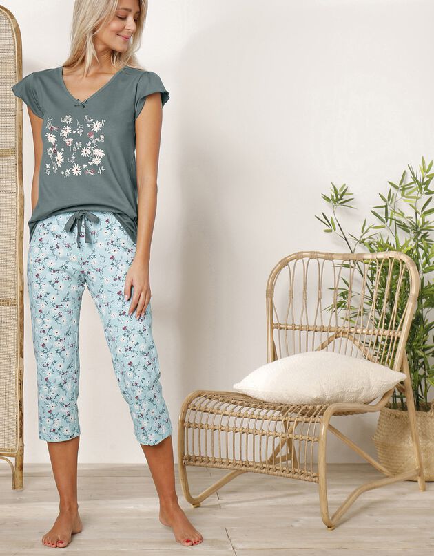 Pantacourt pyjama imprimé fleuri (vert d'eau)