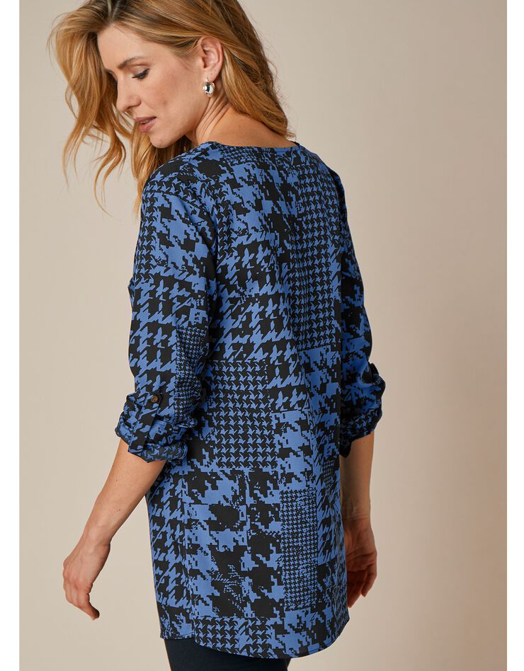 Blouse zippée imprimé pied de poule - manches longues (noir / bleu) Blouse zippée imprimé pied de poule - manches longues (noir / bleu)