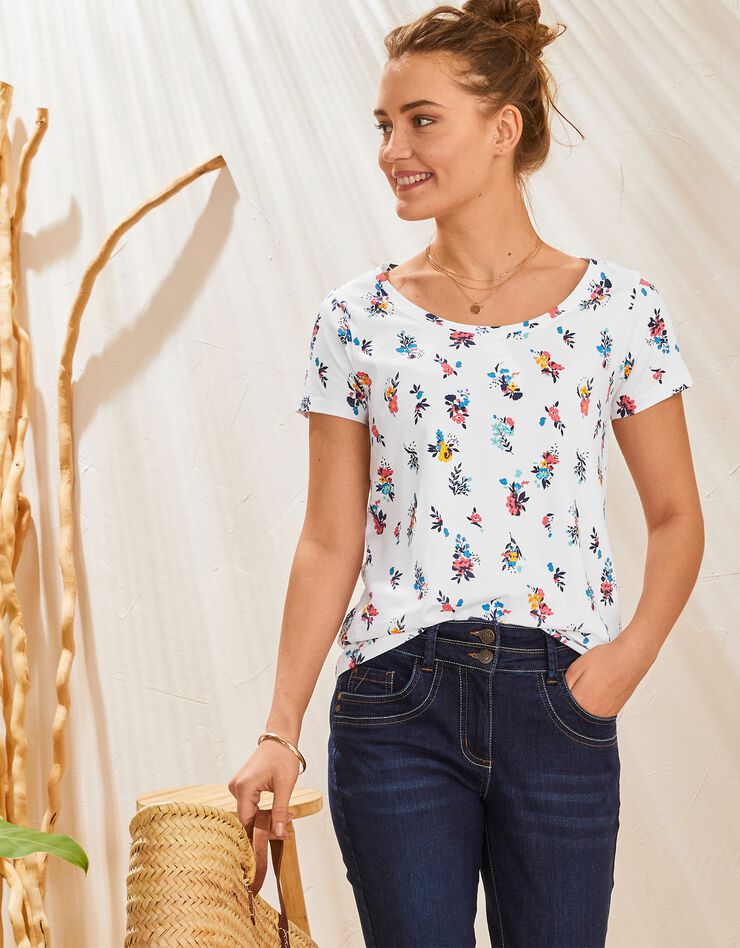 Tee-shirt col rond imprimé fleuri coton (blanc) Tee-shirt col rond imprimé fleuri coton (blanc)