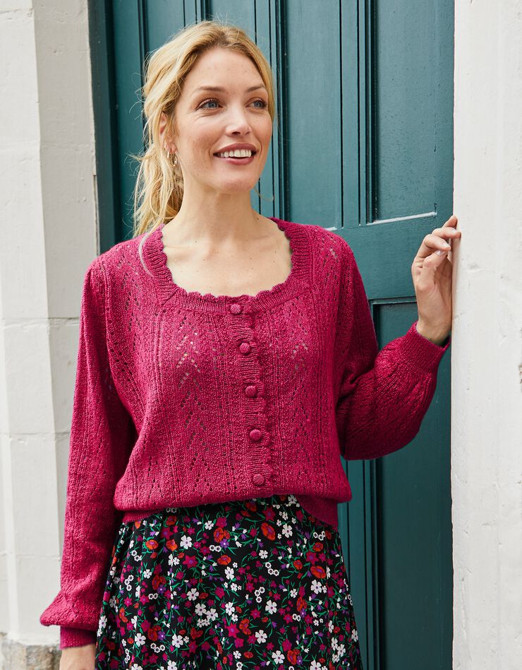 Cardigan boutonné col carré, maille ajourée toucher mohair (fuchsia) Cardigan boutonné col carré, maille ajourée toucher mohair (fuchsia)