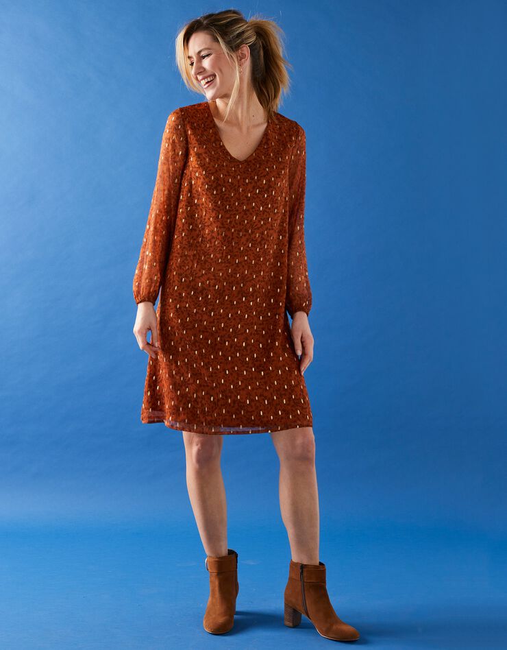Robe évasée voile imprimé doré (caramel)