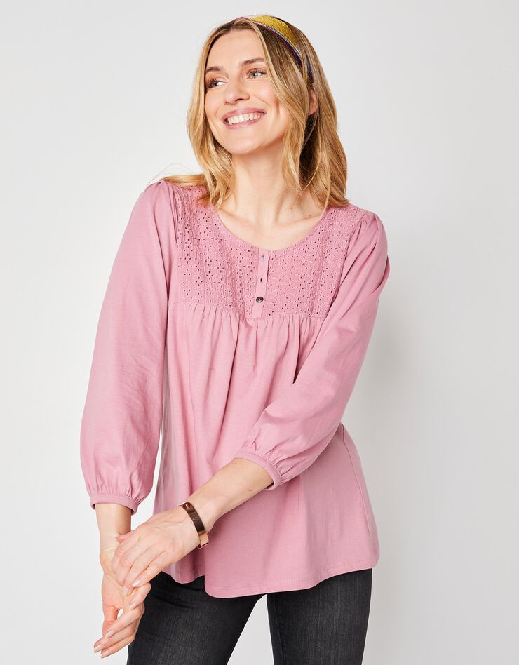 Tee-shirt manches 3/4, empiècement broderie anglaise (rose grisé) Tee-shirt manches 3/4, empiècement broderie anglaise (rose grisé)