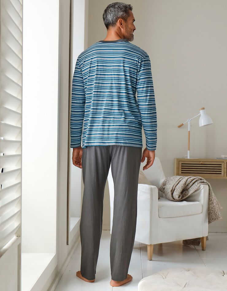 Pyjama pantalon rayé col tunisien (anthracite / bleu canard)