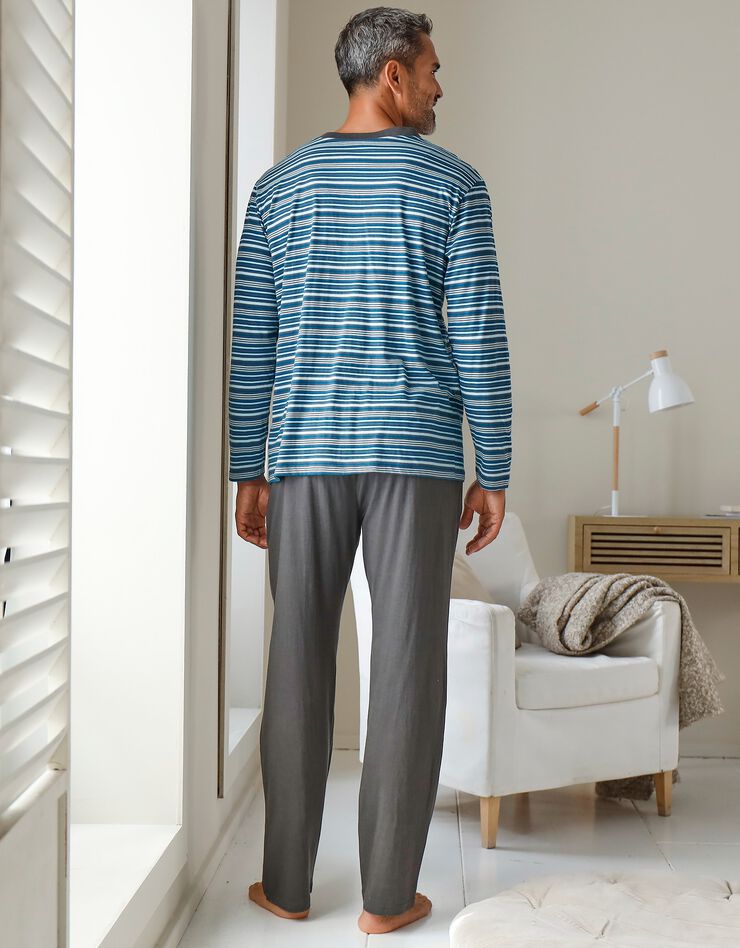 Pyjama pantalon rayé col tunisien (anthracite / bleu canard) Pyjama pantalon rayé col tunisien (anthracite / bleu canard)