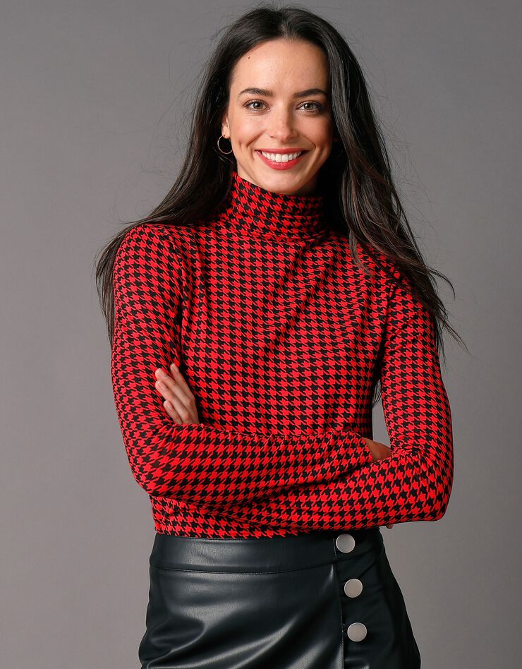 Sous-pull col montant imprimé pied-de-poule, stretch (noir / rouge)