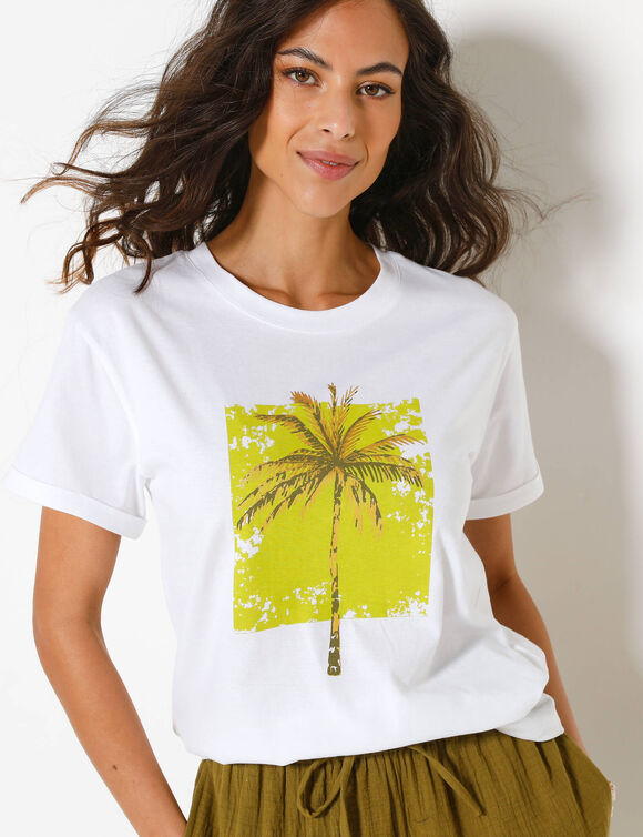 T-shirt col rond imprim&eacute; palmier, volume loose (blanc / anis)