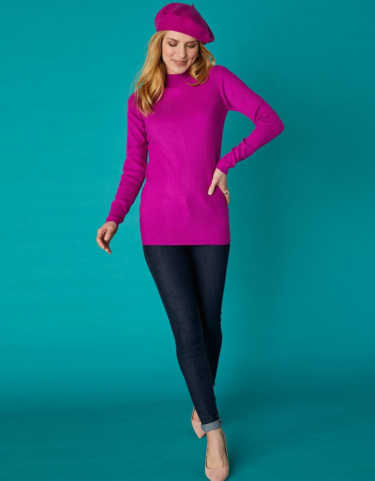 Pull col montant long, maille côtelée (rose fuchsia) Pull col montant long, maille côtelée (rose fuchsia)