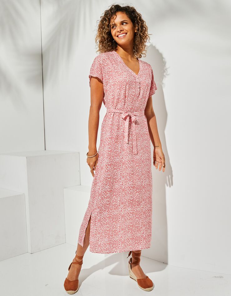 Robe droite longue fluide manches courtes, imprimé (bois de rose / blanc)