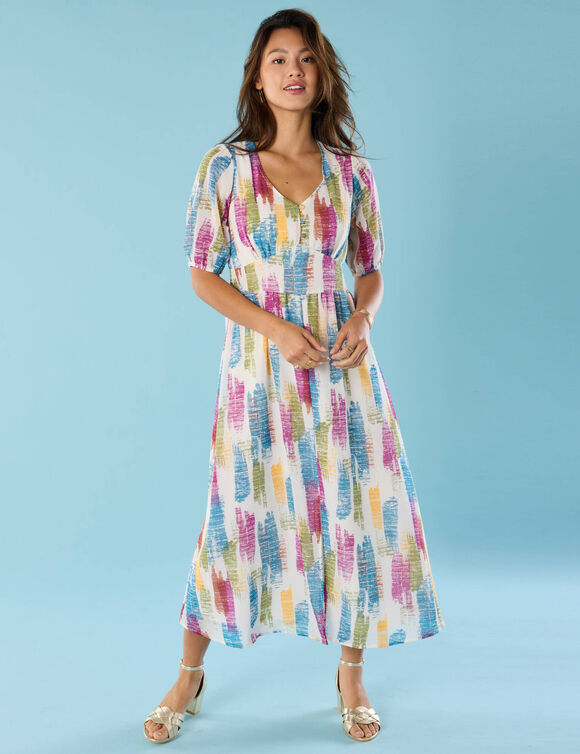 Robe longue Spécial Petites, voile imprimé (écru / violet)