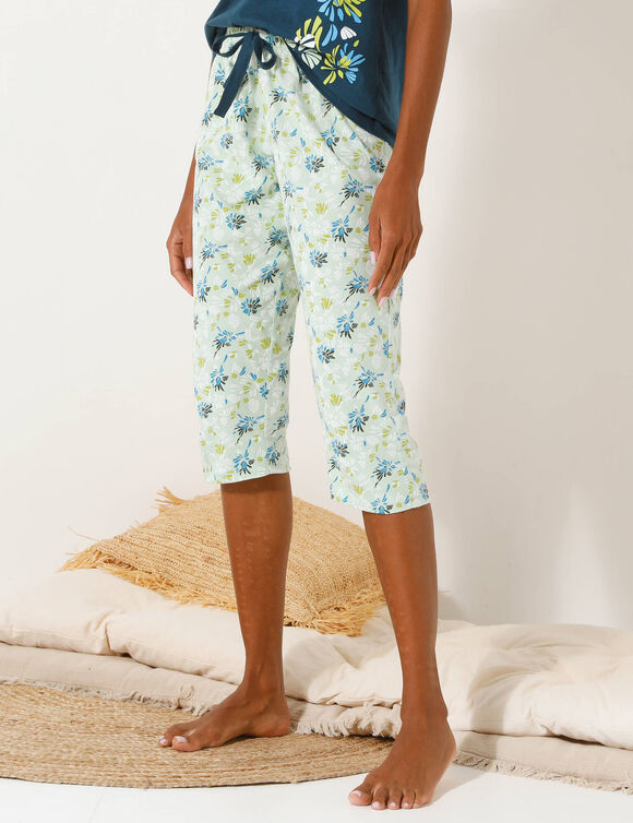 Pantacourt de pyjama imprimé fleuri (tilleul / écru)