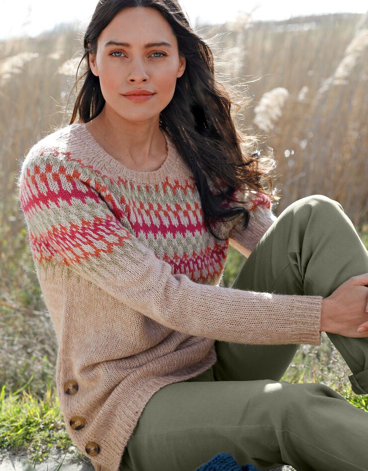 Pull jacquard fente boutonné toucher mohair (beige chiné) Pull jacquard fente boutonné toucher mohair (beige chiné)